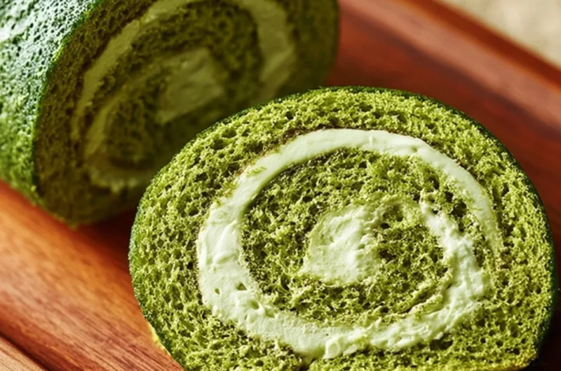 Delicious Matcha Roll Cake with cream filling and green tea flavor