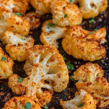 Delicious oven-roasted cauliflower served on a plate with herbs