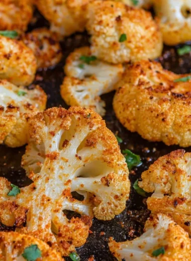 Delicious oven-roasted cauliflower served on a plate with herbs