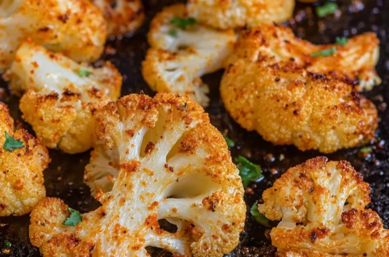 Delicious oven-roasted cauliflower served on a plate with herbs