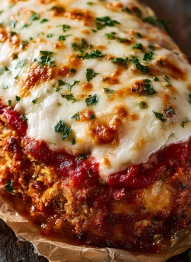 Savory Parmesan Chicken Meatloaf served with herbs and vegetables.