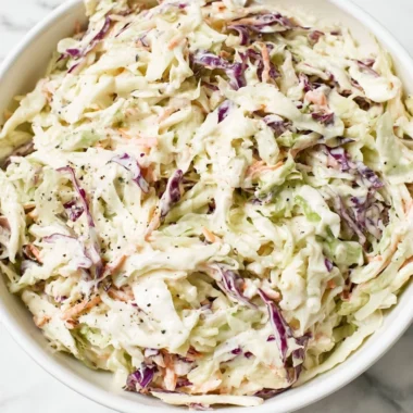 Bowl of perfectly balanced coleslaw with vibrant cabbage and carrots