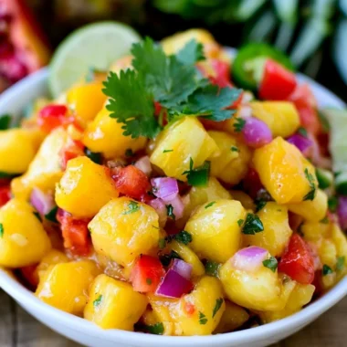 Fresh Pineapple Mango Salsa in a colorful bowl with chips