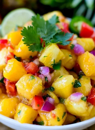 Fresh Pineapple Mango Salsa in a colorful bowl with chips