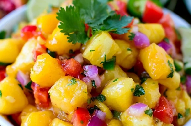 Fresh Pineapple Mango Salsa in a colorful bowl with chips