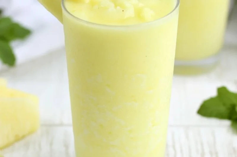 Refreshing Pineapple Rum Slush drink served in a glass with ice and garnished with a slice of pineapple.