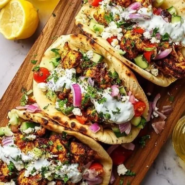 Delicious quick Mediterranean Chicken Tacos served with fresh ingredients
