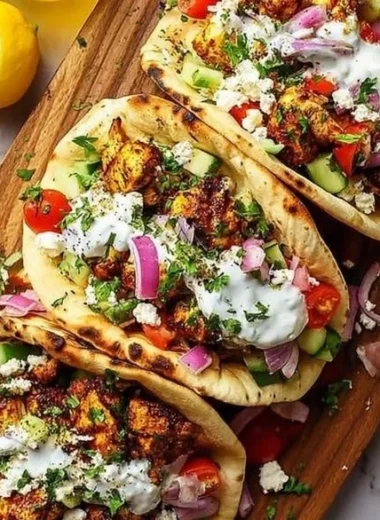 Delicious quick Mediterranean Chicken Tacos served with fresh ingredients