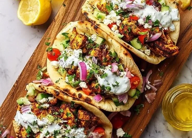 Delicious quick Mediterranean Chicken Tacos served with fresh ingredients