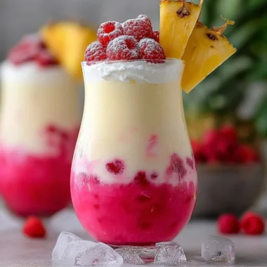 Raspberry Colada Twist cocktail with fresh raspberries and coconut
