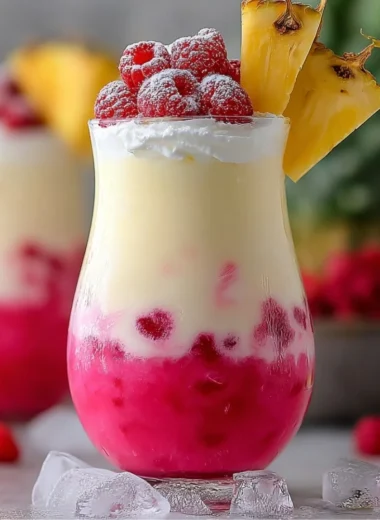 Raspberry Colada Twist cocktail with fresh raspberries and coconut