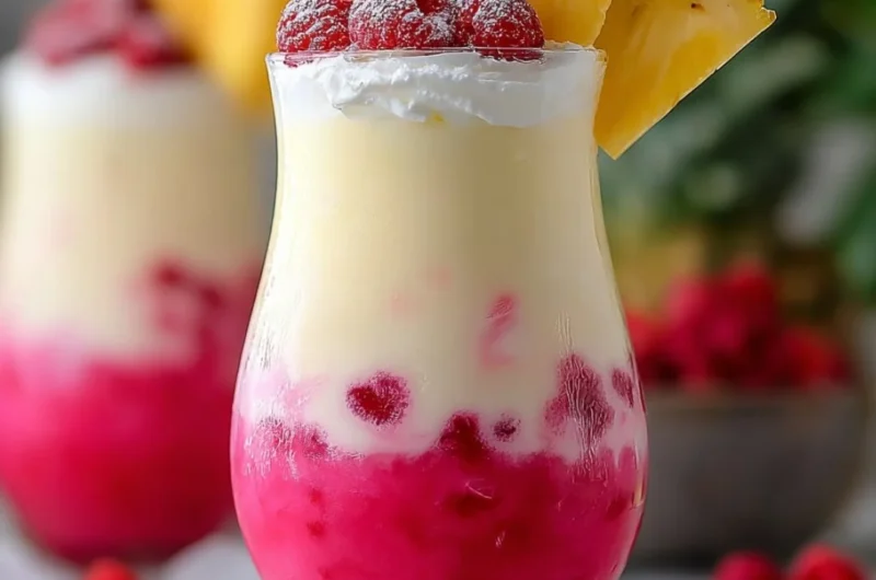 Raspberry Colada Twist cocktail with fresh raspberries and coconut