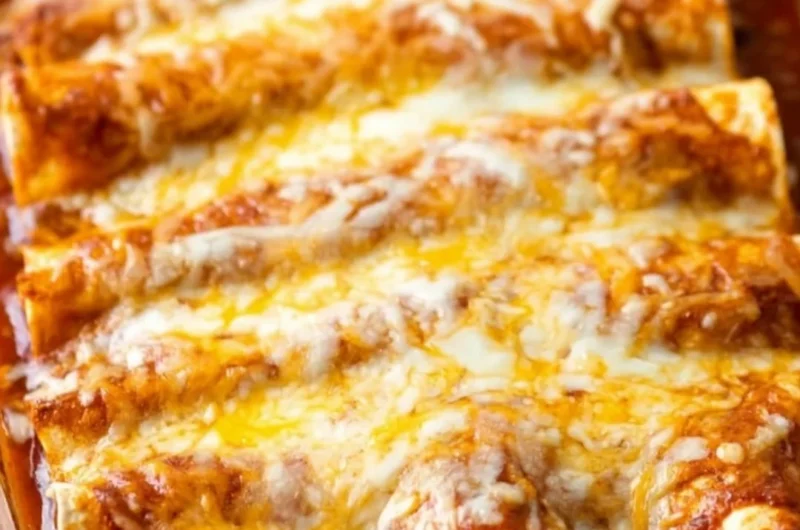 Delicious restaurant-style red cheese enchiladas topped with sauce and cheese