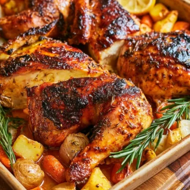 Deliciously roasted chicken served with herbs and vegetables.