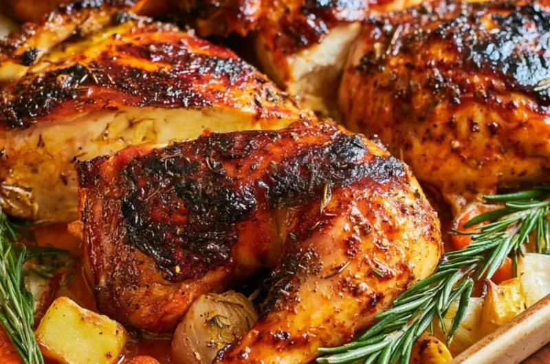 Deliciously roasted chicken served with herbs and vegetables.