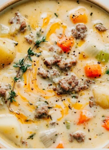 Delicious bowl of sausage potato soup topped with herbs and spices