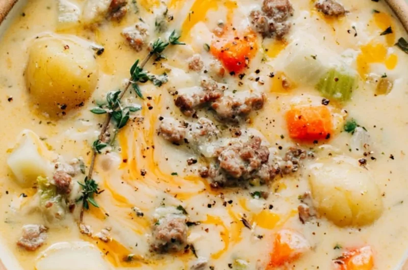 Delicious bowl of sausage potato soup topped with herbs and spices