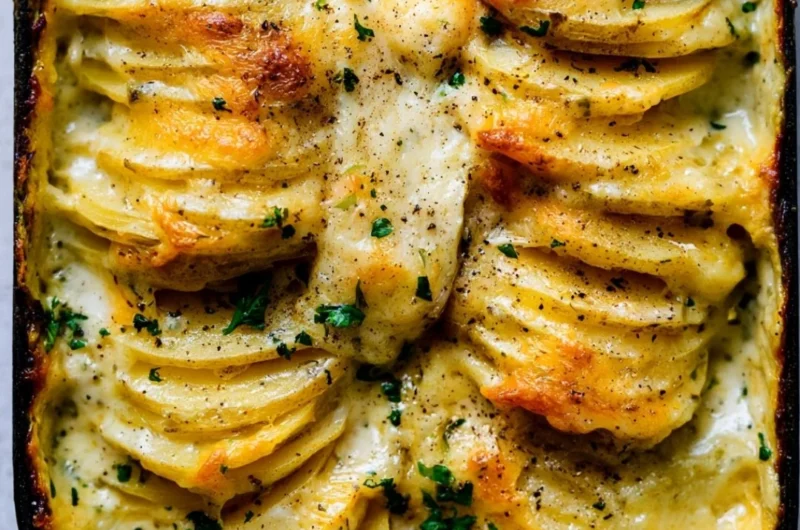 Creamy scalloped potatoes baked to perfection in a casserole dish.