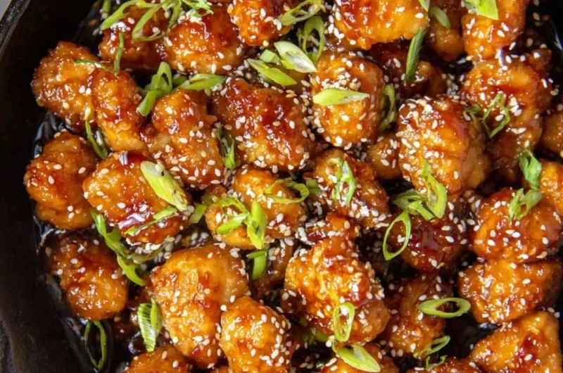 Delicious Sesame Chicken served with sesame seeds and vegetables.