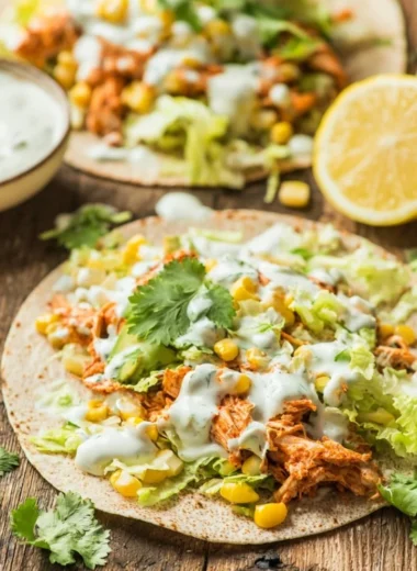 Skinny Buffalo Chicken Tacos topped with fresh ingredients and served in a tortilla.