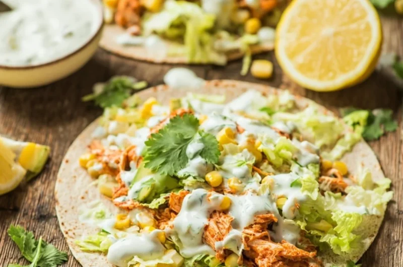 Skinny Buffalo Chicken Tacos topped with fresh ingredients and served in a tortilla.