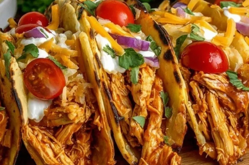 Delicious slow cooker shredded chicken tacos served with fresh toppings