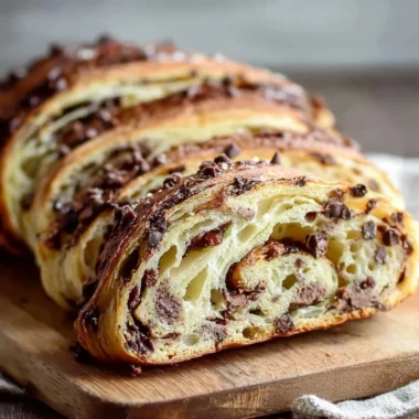 Sourdough chocolate chip croissant bread bites arranged on a plate