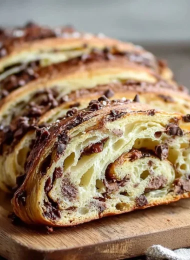 Sourdough chocolate chip croissant bread bites arranged on a plate