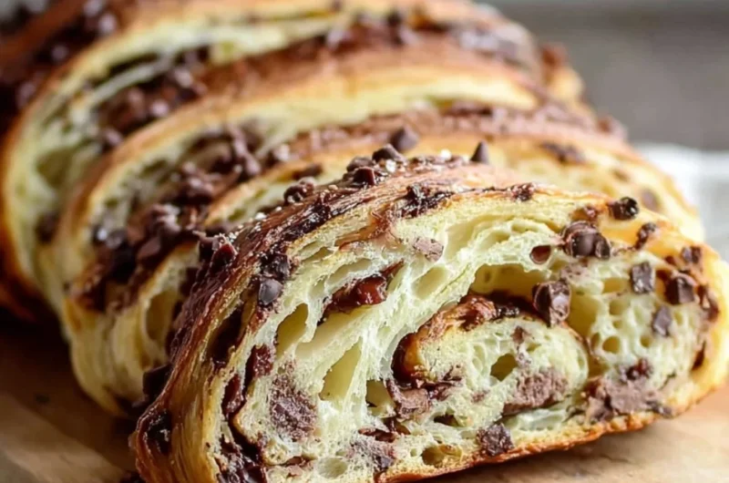 Sourdough chocolate chip croissant bread bites arranged on a plate