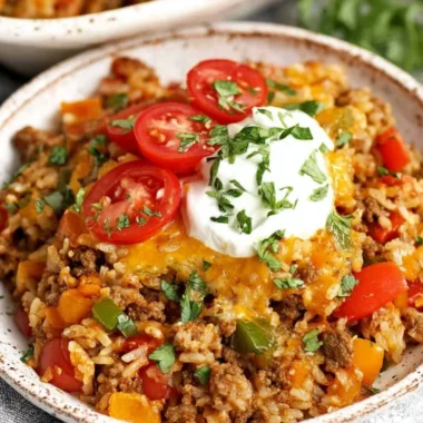 Delicious stuffed pepper casserole served in a baking dish.