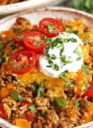 Delicious stuffed pepper casserole served in a baking dish.
