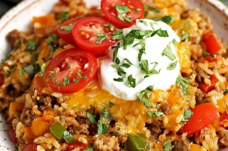 Delicious stuffed pepper casserole served in a baking dish.