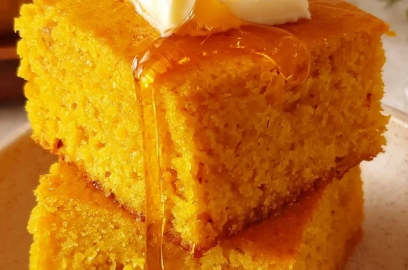 Homemade Sweet Potato Cornbread served on a rustic wooden table
