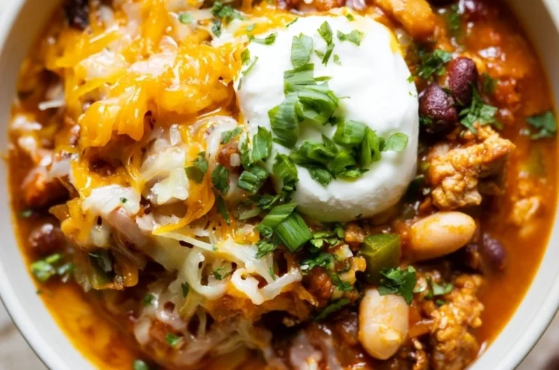 Bowl of Turkey Pumpkin Chili topped with fresh herbs