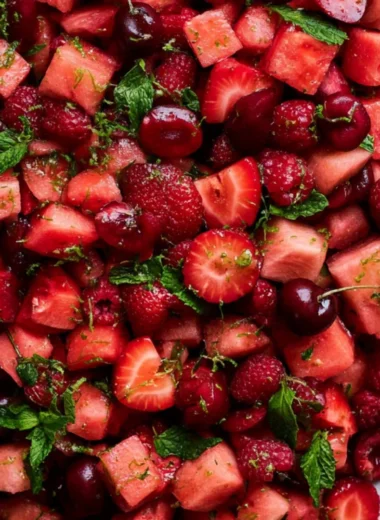 Colorful watermelon fruit salad with mixed fruits in a bowl