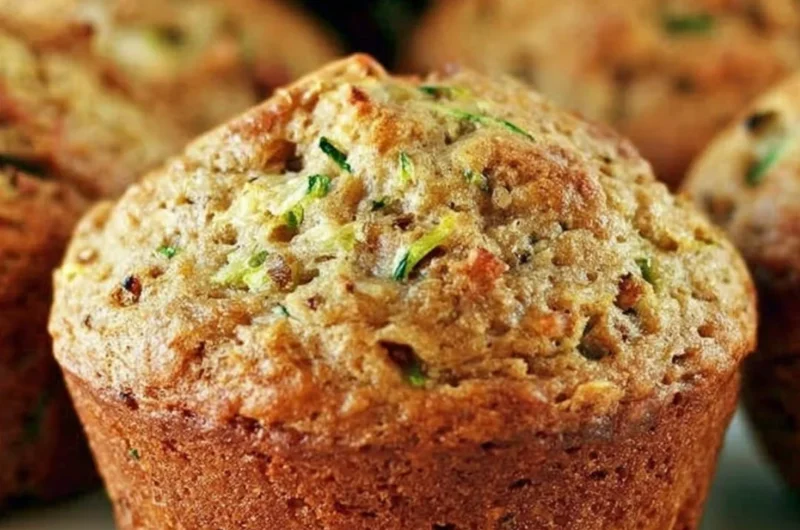 Freshly baked zucchini bread muffins on a wooden table.