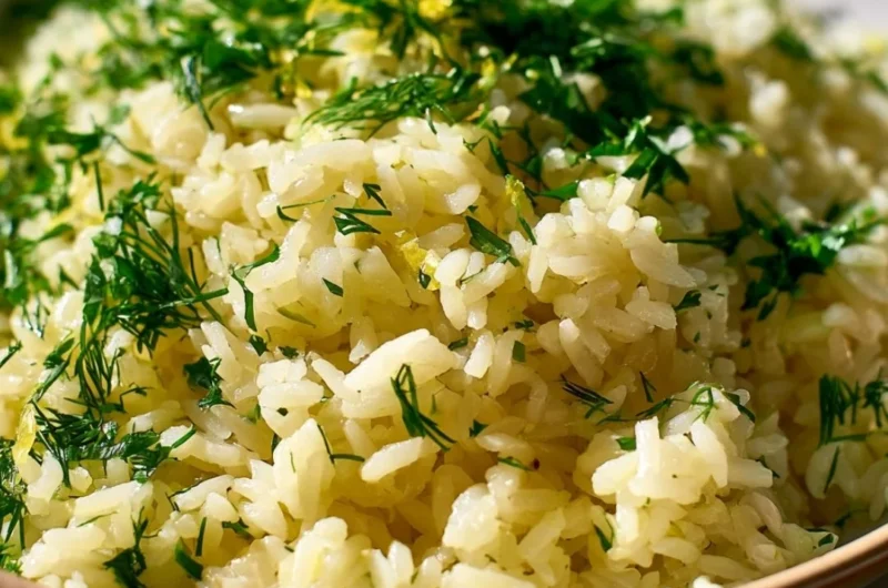 Plate of Authentic Greek Lemon Rice garnished with fresh herbs