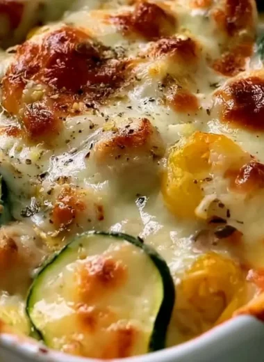 Cozy chicken zucchini bake with melted cheese and fresh herbs