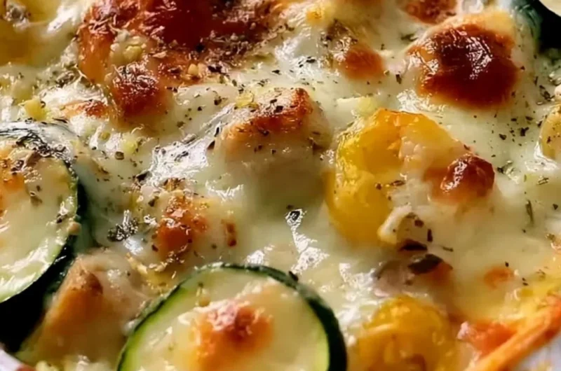 Cozy chicken zucchini bake with melted cheese and fresh herbs