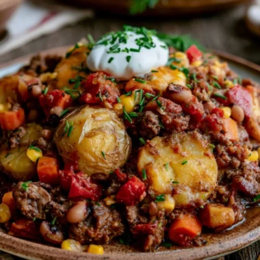Cozy cowboy casserole served in a baking dish with melted cheese and toppings