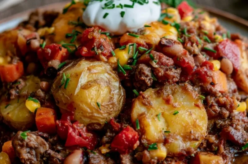 Cozy cowboy casserole served in a baking dish with melted cheese and toppings