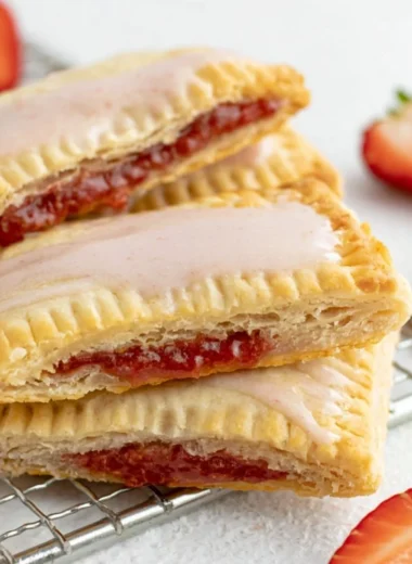 Homemade sourdough pop tarts filled with fruit and dusted with powdered sugar