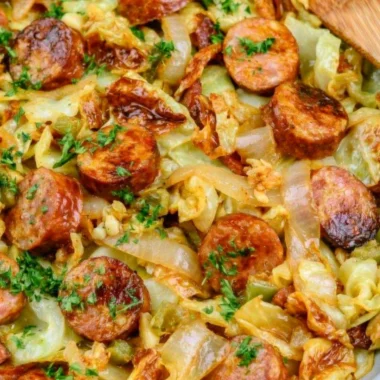 Keto Fried Sausage Cabbage dish on a plate, perfect for low-carb meals