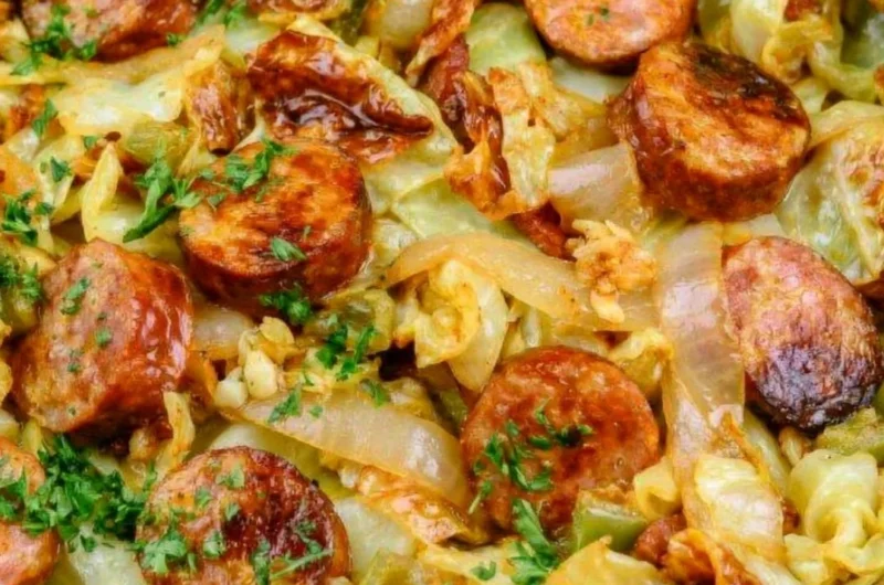 Keto Fried Sausage Cabbage dish on a plate, perfect for low-carb meals
