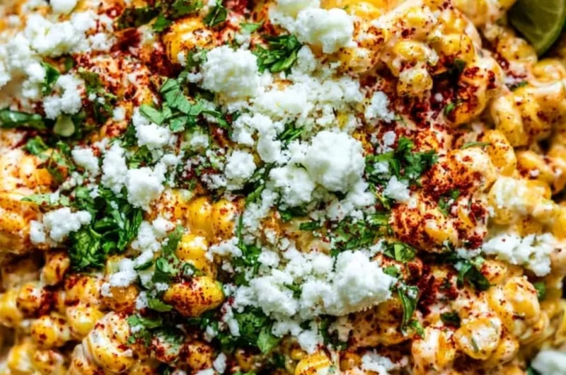 Delicious Mexican street corn (Elote) served on a cob with toppings