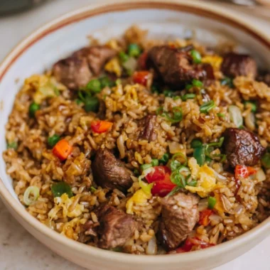 Cozy steak fried rice with vegetables and tender beef in a bowl