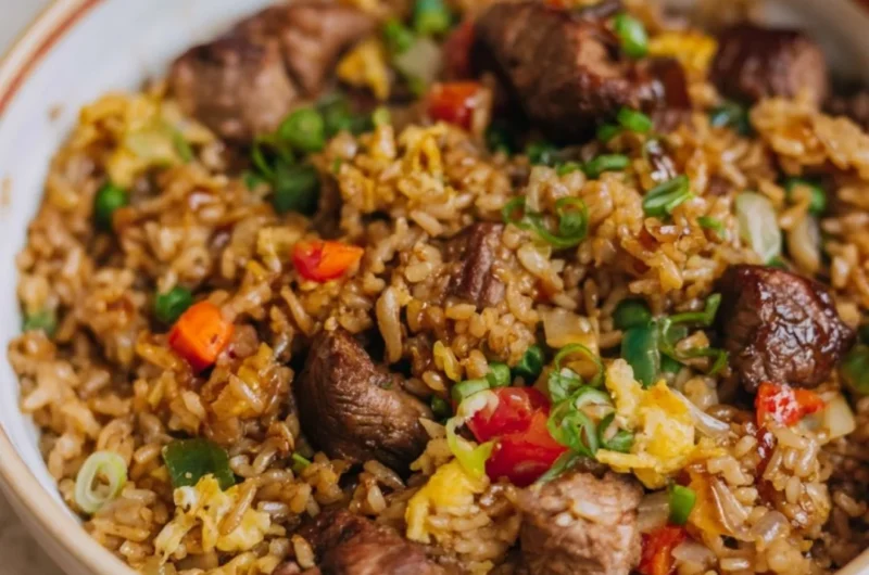 Cozy steak fried rice with vegetables and tender beef in a bowl