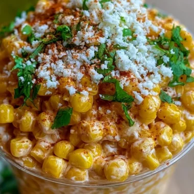 Delicious creamy Mexican street corn esquites served in a cup with toppings.