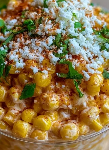 Delicious creamy Mexican street corn esquites served in a cup with toppings.