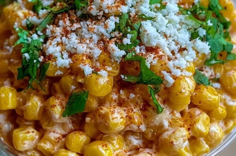 Delicious creamy Mexican street corn esquites served in a cup with toppings.